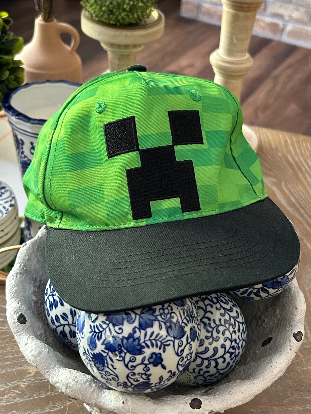 Kids Green Creeper Minecraft Baseball Hat Cap with Black Brim